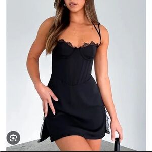 NWT!! White Fox Black Satin Slip Dress with Lace Trim